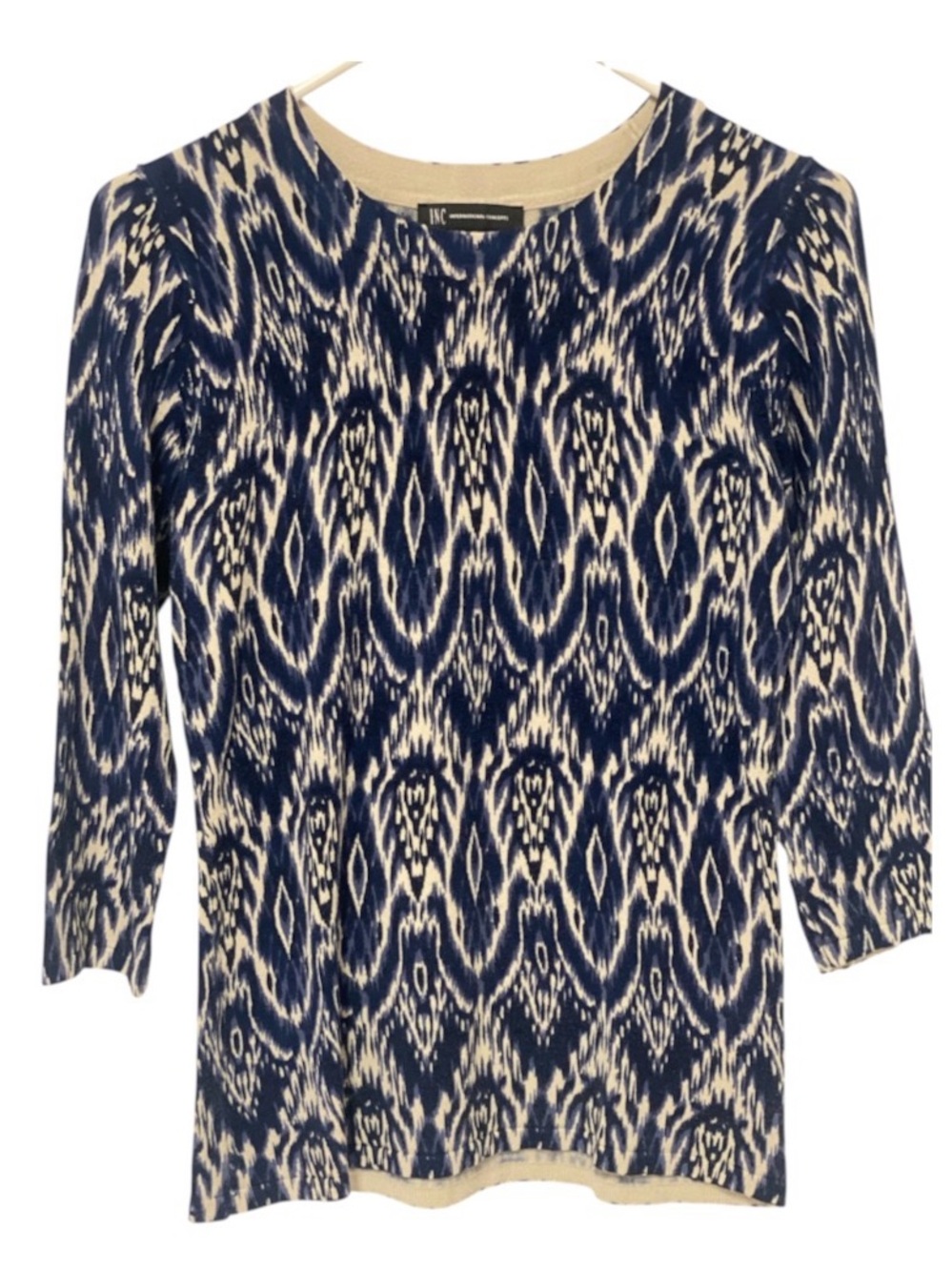 INC International Concepts Navy and Cream Ikat-Print Long Sleeve Top